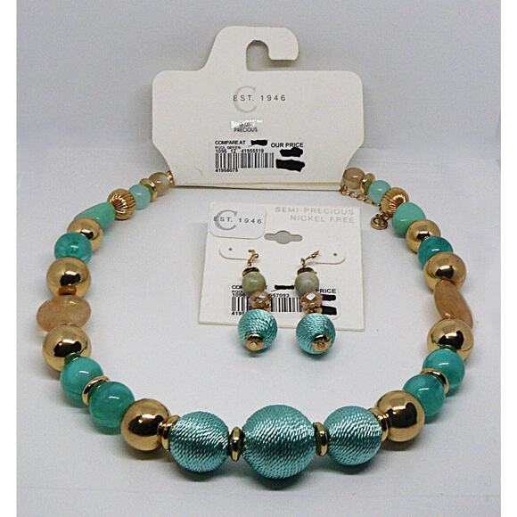 C EST 1946 Semiprecious Necklace Earrings Turquoise Color Gold Tone Rose Qtz VTG - Picture 3 of 3
